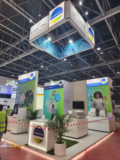bioMerieux stand seen from above with printed graphics