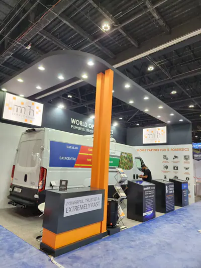 World of Fortune stand with orange fascia and printed walls