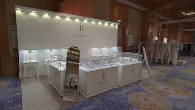 Jewellery display suite set inside a hotel ballroom