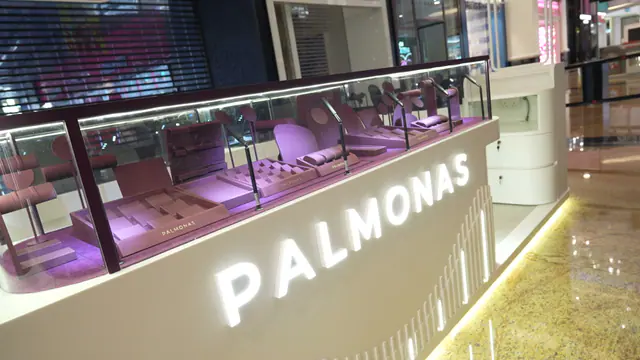 Close view of the illuminated Palmonas lettering on the counter