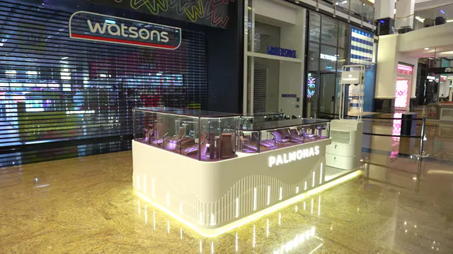 The finished kiosk in the mall concourse
